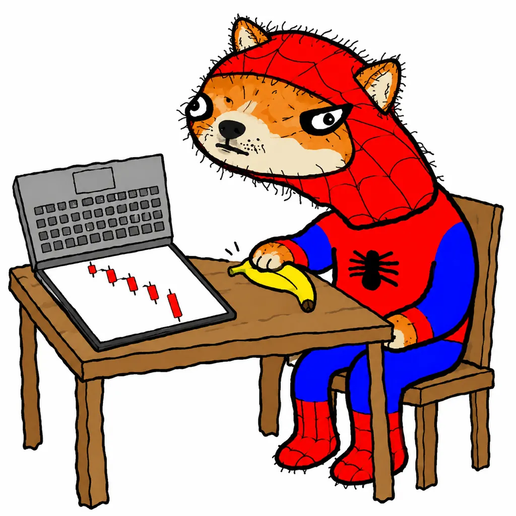 Spoder Inu trading at a laptop with a banana