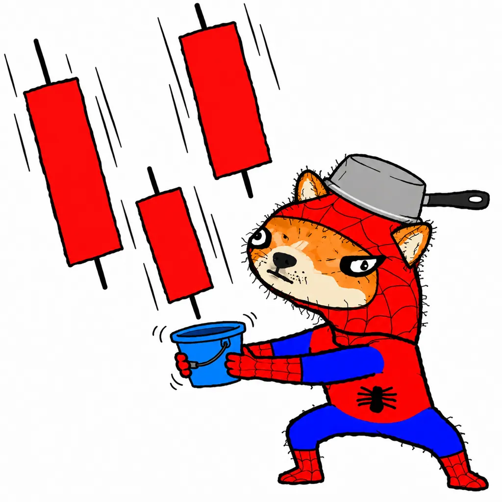 Spoder Inu catching falling red candles in a bucket