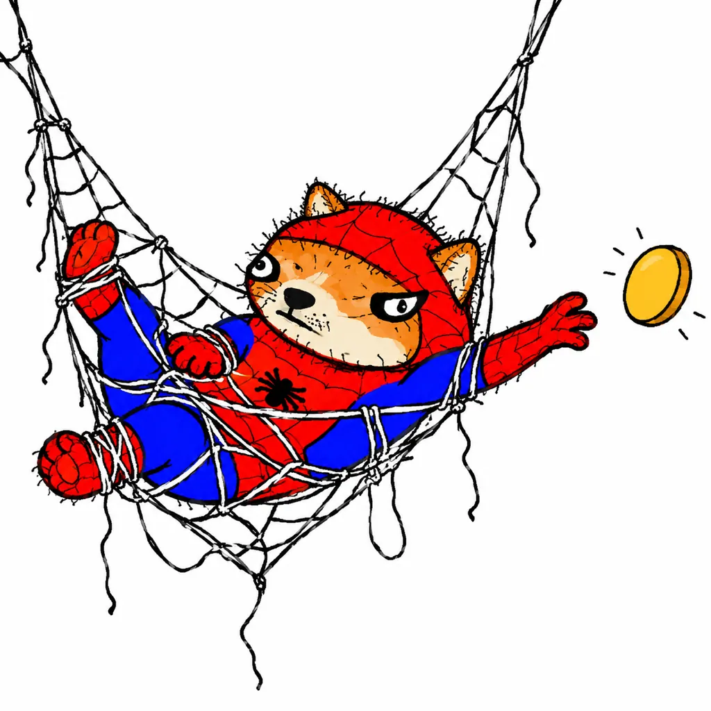 Spoder Inu tangled in his own web reaching for a coin