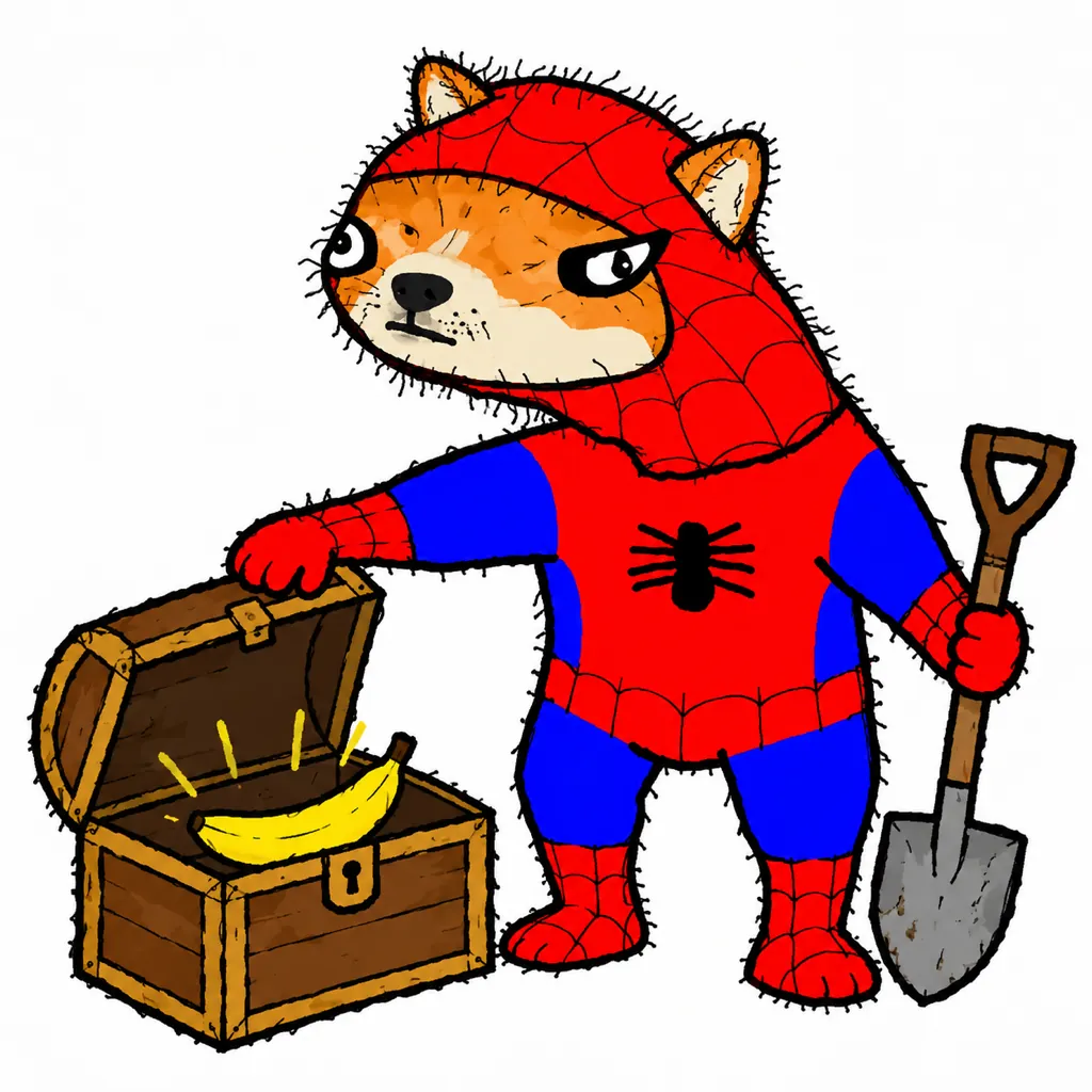 Spoder Inu digging up a treasure chest with a banana inside