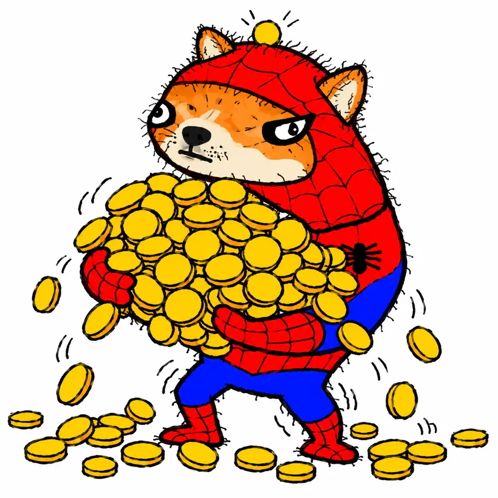 Spoder Inu hugging a huge pile of coins