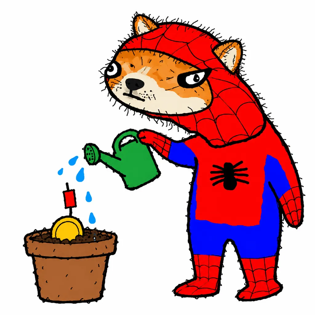 Spoder Inu watering a coin planted in a pot